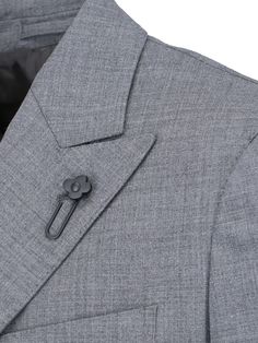 Lardini double-breasted blazer in grey fabric with classic lapels, pin detail, button closure, button cuffs, chest pocket, two side patch pockets, straight hem. Composition: 53% Polyester, 43% Wool, 4% Elastane Gray Sport Coat With Suit Collar For Formal Occasions, Formal Gray Sport Coat With Suit Collar, Gray Single Button Suit For Office, Gray Single Breasted Suit For Office, Gray Blazer With Suit Collar For Formal Occasions, Gray Formal Blazer With Suit Collar, Gray Single-breasted Suit For Office, Classic Gray Suit With Lapel Collar, Gray Semi-formal Suits With Lapel Collar