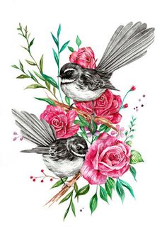 two birds sitting on top of pink flowers