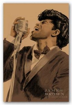 a drawing of a man in a suit singing into a microphone with his hands up