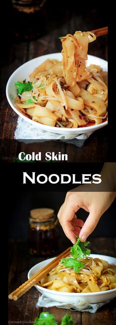 two pictures of noodles with chopsticks in them and the words cold skin noodles