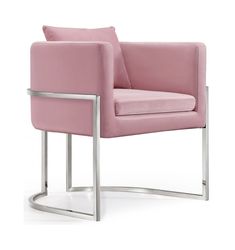 a pink chair sitting on top of a metal frame