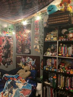 a room filled with lots of stuffed animals and bookshelves full of comic books