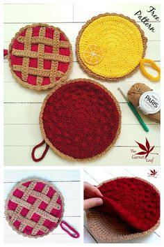 crocheted baskets are shown with scissors and yarn