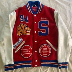 Supreme 2009 Tiger Varsity Jacket Super Rare 9/10 Condition 1 Dry Clean Will Have It Looking Brand New Letterman Jacket Ideas, Streetwear Hats, Varsity Hoodie, Varsity Letterman Jackets, Football Jackets, Concert Fits, Streetwear Men, Letterman Jacket, Riverdale