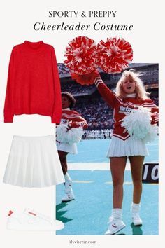 the cheerleader costume is red and white, but she's not wearing any shoes