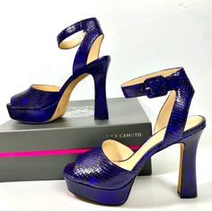 New Vince Camuto Women’s Leather Snakeskin Platforms Heels Shoes Gorgeous Women’s Statement Heels Classy Piece Color Black And Purple Platform 1” Heel 4.5” Purple Block Heel Shoes For Night Out, Purple Block Heel Heels For Night Out, Purple Ankle Strap Heels For Night Out, Chic Purple Ankle Strap Heels, Chic Purple Heels For Night Out, Chic Purple Heels For A Night Out, Chic Purple Heels With Reinforced Heel, Purple High Heels Medium Width, Formal Purple Heels With Reinforced Heel