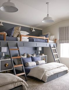 a bedroom with bunk beds and blue walls