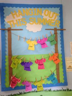 a bulletin board with clothes hanging on the clothes line and words hanging out this summer