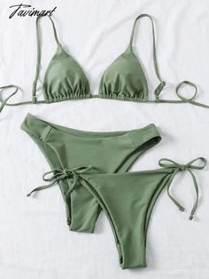 437260356-29 Solid Color String Swimwear For Beach, Solid String Swimwear For Vacation, Solid Color String Swimwear For Vacation, String Swimwear For Beach, Green Triangle Top Swimwear With Drawstring, Pretty Swimsuits, High Waist Swimsuit, Womens Pleated Skirt, Womens Prom Dresses