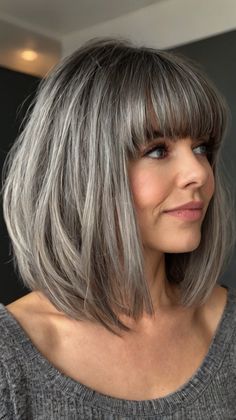 Perfect Sleek and Straight Medium Length Gray Hair Hairstyles With Bangs Medium, Gray Hairstyles With Bangs, Very Long Bob, Brown Hair With Silver Highlights, Medium Length Hairdos, Grey Blending, Modern Bob Hairstyles, Grey Hair With Bangs, Grey Hairstyles