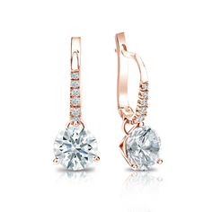 Dangle studs 3-prong martini set diamond earrings make a stylish statement in beauty. These 14k rose gold diamond earrings sparkle with a total weight of 1.40 ct. hearts & arrows center stone and 0.10 ct. total weight of small round natural diamonds as side stone, together with a total weight of 1.50 ct. in lever back clasps. Black Diamond Pendant, Beautiful Diamond Earrings, Yellow Gold Drop Earrings, Black Diamond Studs, Halo Diamond Earrings, Solitaire Diamond Pendant, Colored Diamond Rings, Earrings Round, Black Diamond Ring