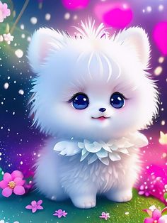 a small white kitten sitting on top of a lush green field with pink and purple flowers