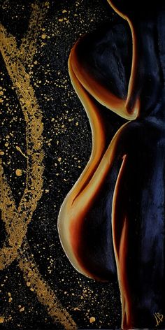 an abstract painting of a woman's back in orange and black colors on a dark background