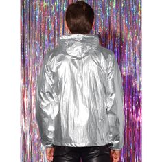 The metallic fabric adds a bold and eye-catching element to the windbreaker. Metallic jackets can be worn both day and night, depending on how you style them. Metallic windbreaker is perfect for street style, casual outings, or any activity where you want to make a fashion statement. Also a good gift for your father, friends, and husband. Holographic Jacket, Holographic Fabric, Mens Lightweight Jacket, Shiny Jacket, Metallic Jacket, Halloween Long Sleeve, Baseball Varsity Jacket, Packable Jacket, Front Hand