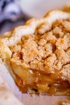 a piece of pie with crumbs on it sitting on top of a table