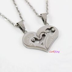 "LarkKing NE6610 Stainless steel love necklace, couples heart necklace with crystals on the stainless steel hearts, one set for couples Size: 1 1/4\"x1\" (2 pcs together) Chain: Stainless steel To select Chain Style and Length from a drop down menu: Cable chain: 16\", 18\", 20\", 22\", 24\", 26\", 28\". Wheat chain: 16\", 18\", 20\", 22\", 24\", 26\", 28\". Rope chain: 18\", 20\", 22\", 24\". Box chain: 18\", 20\", 22\", 24\". Quantity Unit: two pendants with two chains (same length) together. G Couples' Silver Stainless Steel Necklaces, Silver Stainless Steel Couples Necklace, Double Heart Stainless Steel Necklace For Anniversary, Couples Necklaces, Equestrian Necklace, Handwriting Necklace Custom, 14k Gold Initial Necklace, Compass Jewelry, Necklace Friendship