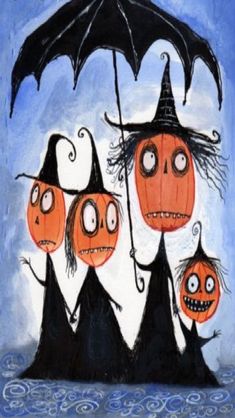 three pumpkins with faces on their heads are holding an umbrella in the air while standing under