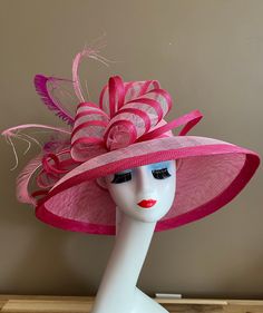 Hot/light Pink Church Carriage Kentucky Derby Hat W Shades Pink Sinamay Bow & Multi-color Feathers. Mother Day Race Wedding Tea Ascot Hat - Etsy Pink Feathered Hat For Kentucky Derby, Pink Sinamay Fascinator For Church, Formal Pink Hats With Feathers, Pink Feathered Formal Hat, Formal Pink Feathered Hats, Elegant Pink Sinamay Mini Hat, Pink Feathered Kentucky Derby Costume Hat, Pink Feathered Costume Hats For Kentucky Derby, Pink Feathered Fascinator With Curved Brim