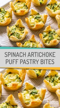 spinach artichoke puff pastry bites on a platter with text overlay