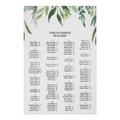 a wedding seating chart with green leaves on it