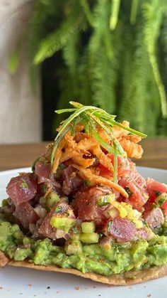 a white plate topped with guacamole covered in meat and veggies