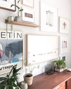 some plants and pictures on the wall above a wooden table in a room with white walls