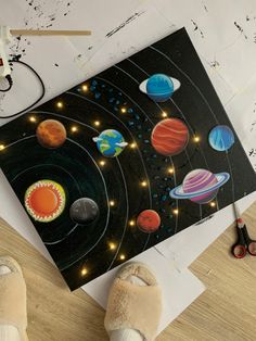 someone is standing on the floor next to a painting with solar system and stars in it