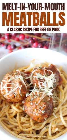 meatballs with sauce and parmesan cheese in a white bowl on top of pasta