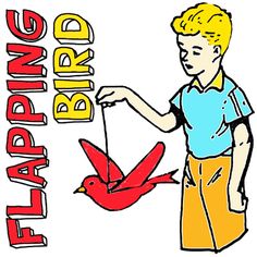 a drawing of a boy holding a red bird in front of the words flapping birds