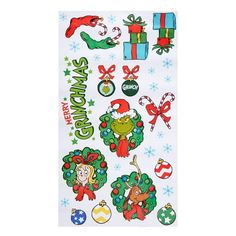 christmas stickers on a white background with green and red decorations, including presents and trees