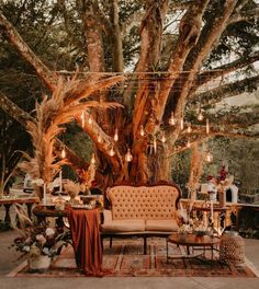 a couch sitting under a tree with lights hanging from it's branches and decorations on the ground