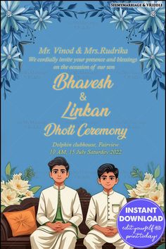 A Dhoti Ceremony invitation with a blue background, soft floral accents, and two boys in traditional attire, exuding cultural charm and festive elegance. #DhotiCeremony #TraditionalInvitations #IndianCulturalEvents #FloralDesign #FamilyOccasions #DhotiCeremony #InvitationDesign #IndianTraditions #CulturalEvents #FamilyCelebrations #DhotiCeremony #TraditionalVibes #EventInvitations #IndianCulture #FloralDecor #SouthIndianTradition #ComingOfAge Dhoti Ceremony, Holi Greetings, Save The Date Video, Ceremony Invitation, Eid Special, Traditional Attire, Cultural Events, Republic Day, Cat Party