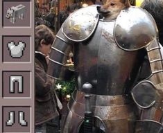 a dog sitting on top of a metal armor