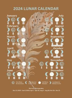 "2024 Lunar Calendar shows you the 4 main moon phases in an attractive poster size design. Keep track of the moon phase for monthly rituals such as crystal grids, manifesting, or other witchy rituals. Easy to glance at whenever you want to know when the next full moon or new moon is expected.  Purchase includes 3 file sizes in the \"feather\" lunar calendar design. The 3 sizes included are 18x24 inches, 9x11 inches and 4000x5400 pixels.  This is a digital download for the FEATHER design ONLY, fo Witchy Rituals, Next Full Moon, Moon Magick, Moon Phase Calendar, Moon Journal, Witch Spirituality, Birth Chart Astrology, Moon Calendar, Wiccan Spell Book