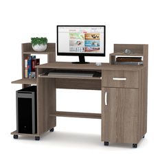 a computer desk with a monitor, keyboard and mouse on it's stand next to a bookshelf