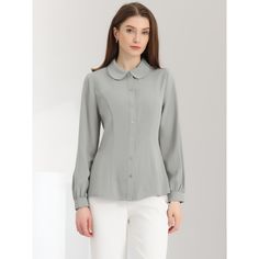 Feel confident flaunting your classic, yet edgy style in this classic peter-pan-collar office shirt. It features the front buttons, long puff sleeves, a Peter Pan collar, and the princess line. his button-up shirt is a polished piece for the weekend and workdays alike. This classic shirt is a regular fit, and that's how this one perfects the beloved staple. It is stylish and is a perfect choice for an office outfit. Classic Blouse With Collar And Buttons, Elegant Workwear Blouse With Peter Pan Collar, Collared Office Shirt In Solid Color, Long Sleeve Office Shirt With Back Button Closure, Solid Collared Shirt For Office Wear, Collared Shirt For Office Wear, Office Shirt With Button Cuffs, Office Wear Shirt With Button Closure, Classic Spread Collar Blouse For Office