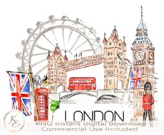 the london landmarks are drawn in watercolor and ink