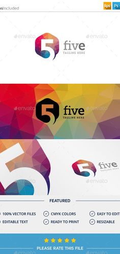 five logo templates with different colors and shapes, including the number five on each side