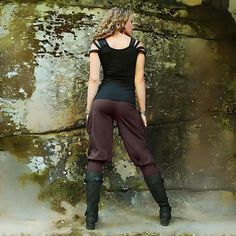 Available colors and sizes:  Black: S,M,L,XL Chocolate Brown: S,M,L,XL Midnight Blue: S,M,L,XL Ash Gray: S,M,XL Sage Green: S,M,L,XL   These are my favorite pants! Perfect for lounging around the house or wearing out with heels or boots! So easily dressed up or down, these medium weight, cotton lycra pedal pushers are held secure at the waist with a drawstring and they sport cargo pockets on both sides. They are just snug enough around the hips to define the figure and accentuate the female form Hip-length Bottoms For Summer Yoga, Black Hip-length Bottoms For Yoga, Full-length Harem Yoga Pants For Spring, Compression Capri-length Bottoms For Yoga, Compression Capri-length Yoga Pants, Funky Pants, Bike Pants, Pedal Pushers, Womens Capris