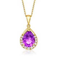 Ross-Simons - 1.60ct Amethyst, .13ct t. w. Diamond Pendant Necklace in 14kt Yellow Gold. 16". An ode to your February birthday or affinity for purple, this 1.60 carat pear-shaped amethyst pendant necklace is a timeless gemstone style. Sparked with .13 ct. t. w. round brilliant-cut diamonds and set in polished 14kt yellow gold. Cable chain. Springring clasp, diamond and amethyst pendant necklace. Amethyst birthstones are the perfect gift for February birthdays. Amethyst Pendant Necklace, Amethyst Birthstone, Amethyst Necklace Pendant, February Birthday, Jtv Jewelry, Amethyst Pendant, Diamond Pendant Necklace, Round Brilliant Cut Diamond, Brilliant Cut Diamond