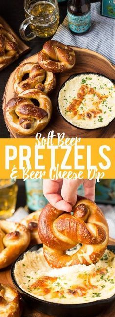 the pretzels and beer cheese dip is being held up