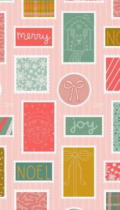 a pink background with many different types of christmas stamps on it and the words noel written in