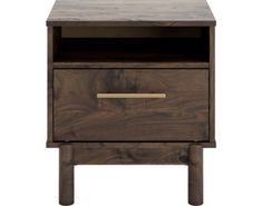 the side table has two drawers and one drawer is open, with a gold handle on it