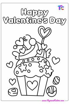 happy valentine's day coloring page with cupcake and hearts