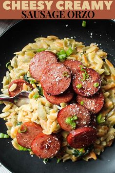 sausage and pasta on a black plate with text overlay