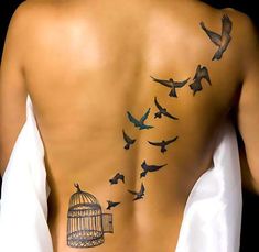 the back of a man's body with birds flying out of a birdcage