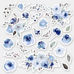 blue watercolor flowers and leaves stickers