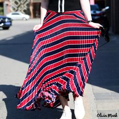 Olivia Mark - Elegant Scripted Pleated Maxi Skirt Casual Striped Pleated Skirt, Maxi Skirt Formal, Fitted Maxi Skirt, Flare Maxi Skirt, Long Flowy Skirt, Outdoor Sportswear, Pleated Maxi Skirt, Pleated Maxi, Pleated Midi Skirt