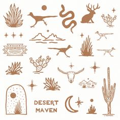 desert design elements including cactuses, cacti and other animals in brown ink