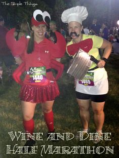 two people in costumes standing next to each other at a race with the caption wine and diet half marathon